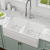 Yurshen 33 Inch White Fireclay Farmhouse Sink 50/50 Double Bowl Apron Front Ceramic Kitchen Sinks Extra Large Country Barn St
