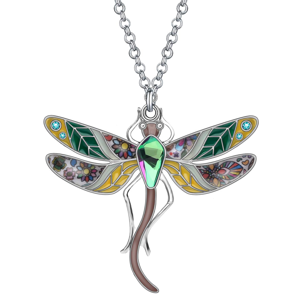BONSNY Statement Enamel Rhinestone Dragonfly Necklaces Pendant Original Design for Women Nature Lover Jewelry (Beige)