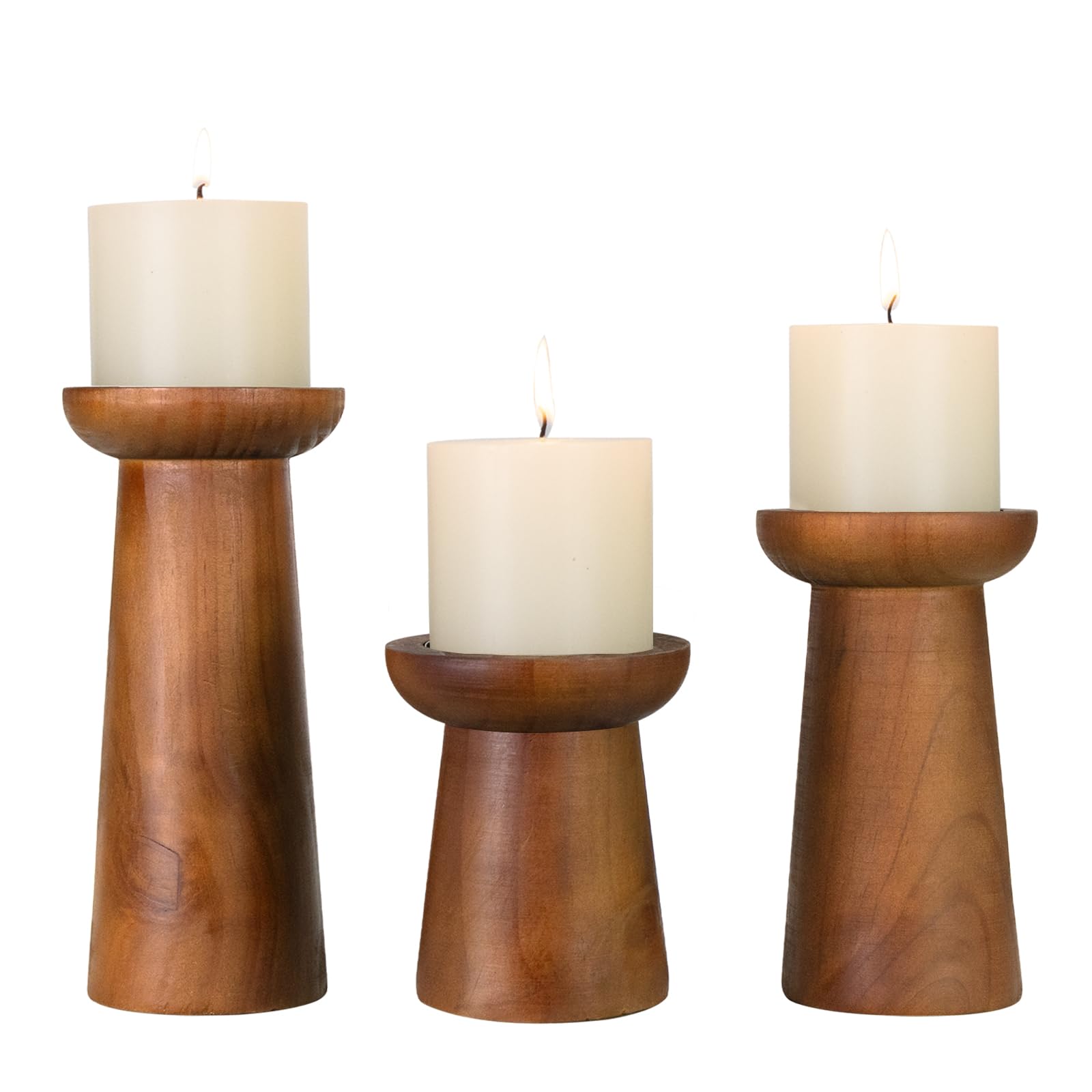 Photo 1 of Pillar Candle Holders Set of 3? Wooden Candle Holders? Decorative Wood Candlestick Holders for Living Room, Table Centerpiece for Wedding, Christmas, Party, Home - 4", 6", 8"