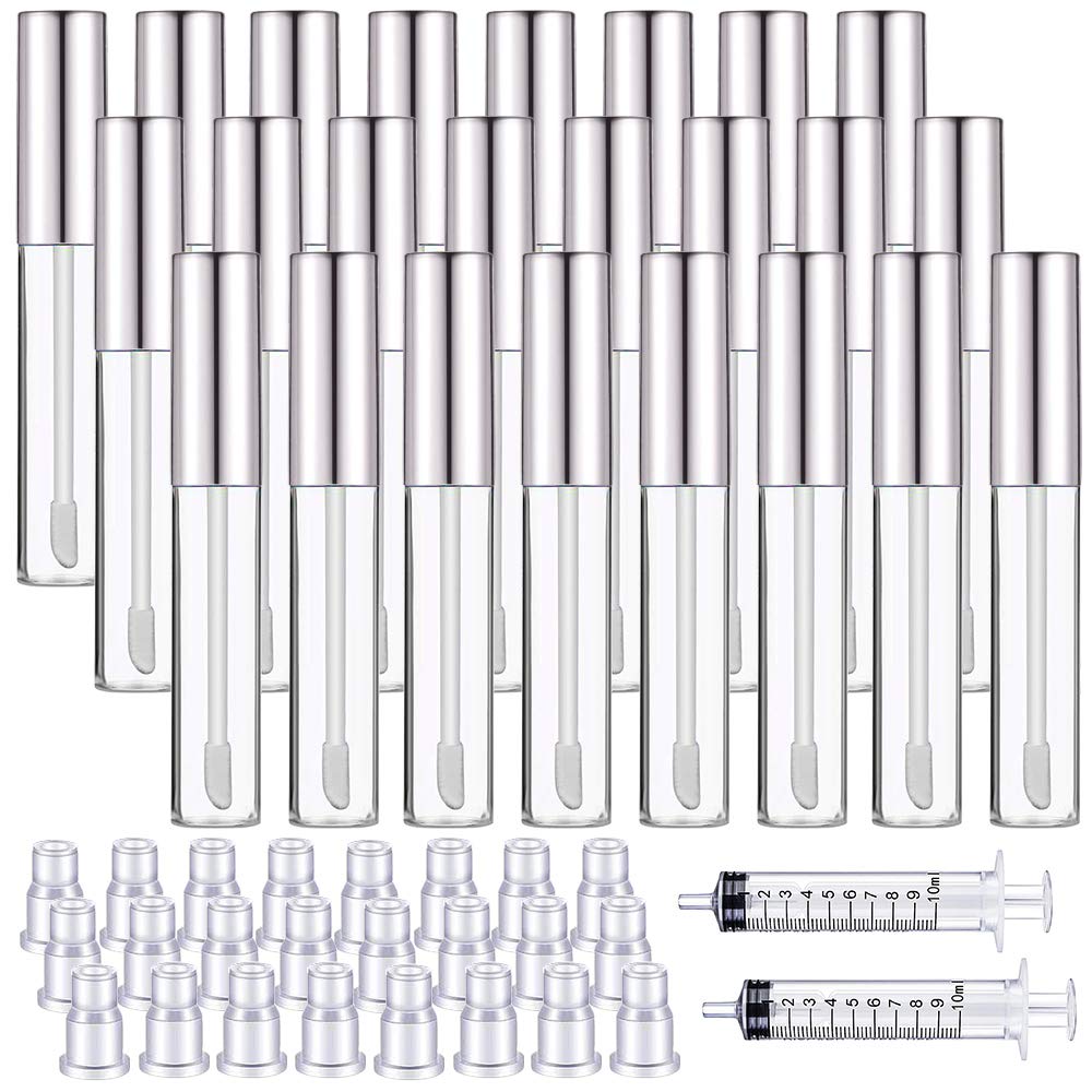 24pcs 10ml Transparent Lip Gloss Tubes with Brush Tip Refillable Lip Glaze Container and 2pcs 10ml Plastic Syringe for DIY Makeup (Silver)