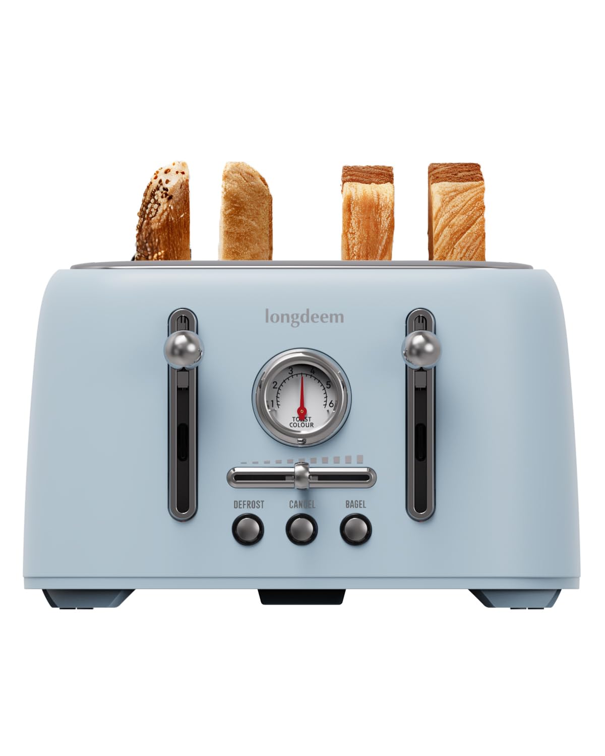 LONGDEEM Tostadora de 4 rebanadas con ranuras extra anchas de 1.6", control de dorado de 6 niveles y bagel/descongelación, bandeja para migas extraíble, horno tostador de acero inoxidable con apagado automático, azul