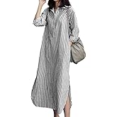 chouyatou Women Casual Long Sleeve V Neck Striped Shift Dress Loose Long Maxi Cotton Shirt Dress with Pocket