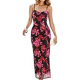 Womens Wedding Guest Dresses Summer Floral Ruched Spaghetti Formal Wedding Mesh Bodycon Maxi Long Dress
