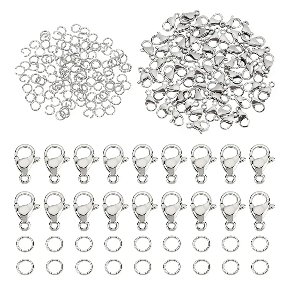 PandaHall 60pcs Stainless Steel Jewellery Lobster Clasps Necklace Clasp with 120pcs 4mm Open Jump Rings for Bracelet Necklace Pendants Jewellery Making DIY Craft Making