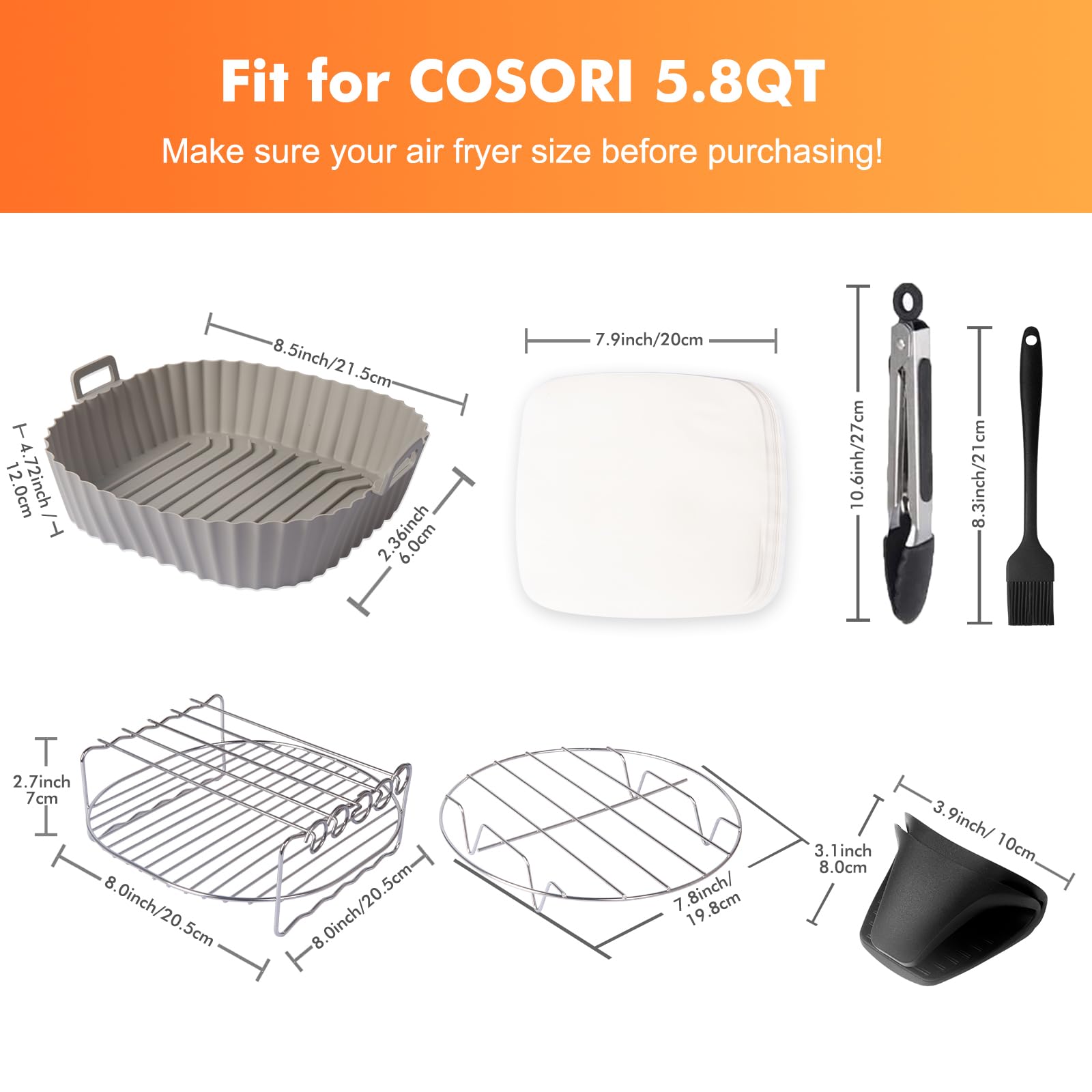 Air Fryer Accessories Fit for Instant Vortex Plus 6 Quart Air Fryer, Cosori 5.8QT 6QT, PowerXL 7QT, Gourmia, Nuwave, Cuisinart, Including Rack & Skewers, Etc