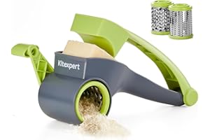 KITEXPERT Cheese Grater with Handle, Parmesan Cheese Grater, Handheld Rotary Cheese Grater, Olive Garden Cheese Grater with 2 Stainless Steel Drums for Hard Cheese, Chocolate, Nuts, vegetables