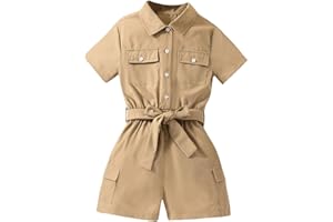 WDIRARA Girl's Button Down Flap Pocket Mini Romper Short Collared Neck Short Sleeve Belted Shirt Jumpsuit