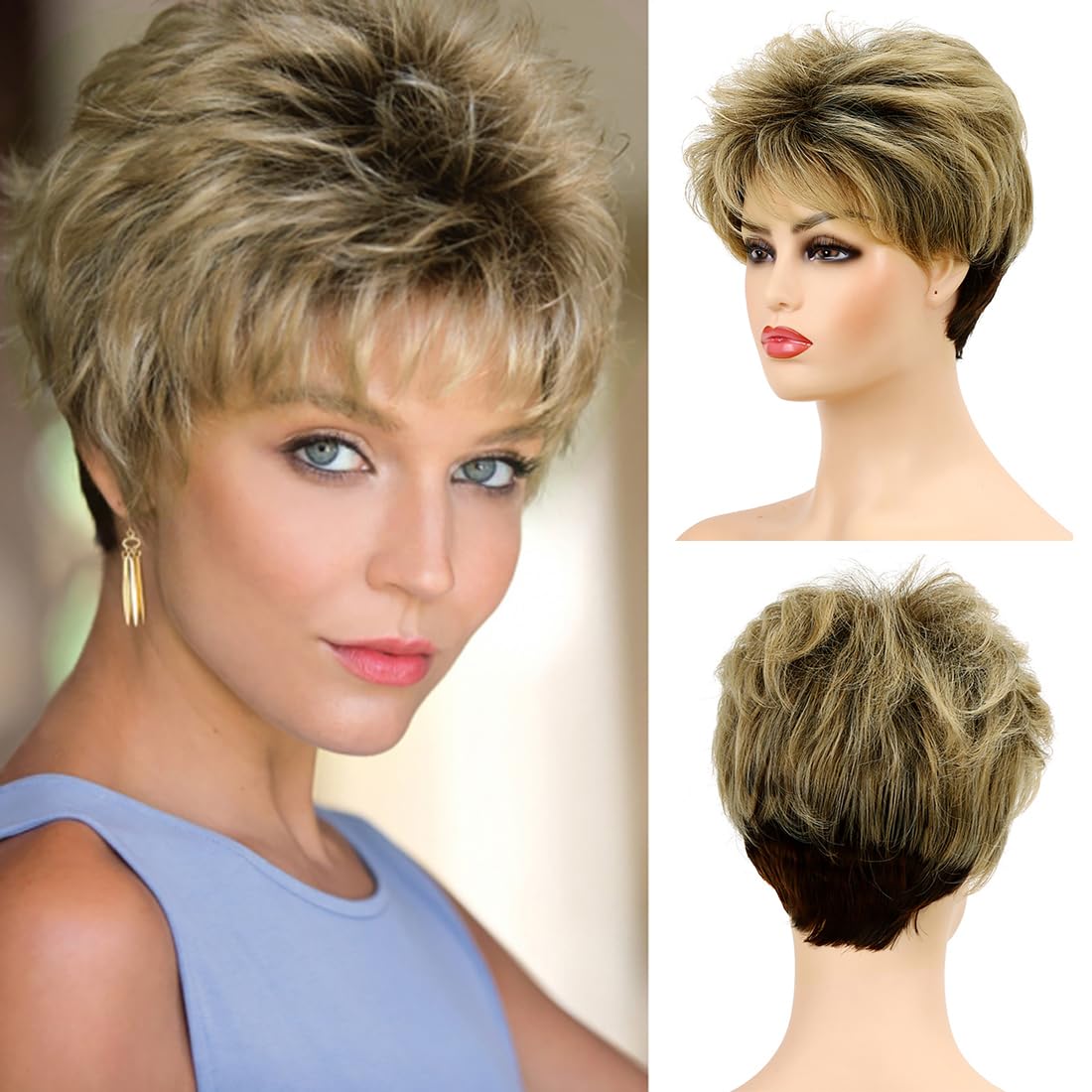 Photo 1 of Baruisi Short Pixie Wigs for Women Mixed Blonde Synthetic Layered Cosplay Hair Wig