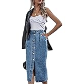 NIGHTMISS Womens High Waisted Washed Button Front Denim Long Skirt Midi Length A Line Denim Jean Pencil Skirt