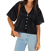 Cicy Bell Womens Cropped Babydoll Tops Summer Eyelet V Neck Short Sleeve Cute Blouses Ruffle Shirts
