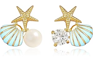 AONKLOT Starfish Earrings Gold Sea Shell Stud Earrings Dainty Conch Earrings Rhinestone Summer Fashion Jewelry Ocean Beach Outfits