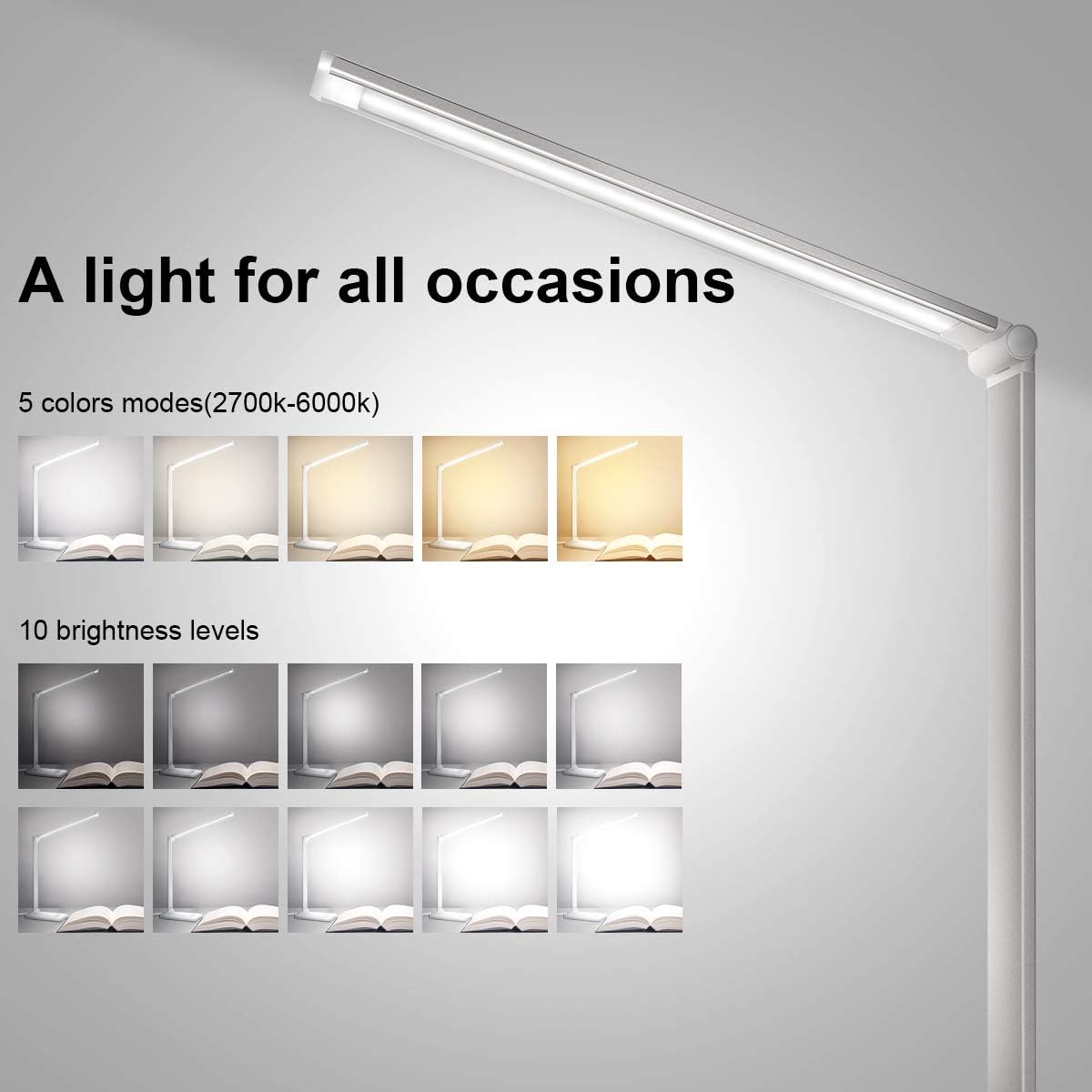 LED Desk Lamp, Eye-Caring Table Lamps, Natural Light Protects Eyes, 5 Modes, 10 Brightness Levels, Touch Control, Adjustable Table lamp with USB Charging Port, Auto Timer 30 / 60min, White: Home Improvement