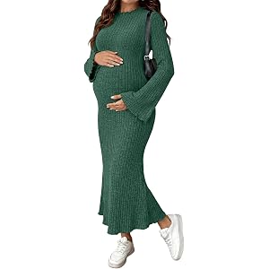 BLENCOT Ribbed Knit Maternity Dresses Fall Bell Long Sleeve Ruffle Neck Pregnancy Bodycon Sweater Dress