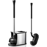 HAMITOR Toilet Plunger and Brush Set: 2 in 1 Stainless Steel Rustproof Combo with Deep Cleaning Curved Bristles - Heavy Duty Toilet Unclogging for Family Bathroom - Compact Apartment Accessories