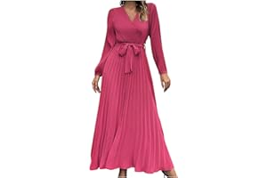 BORNIU Fall Maxi Dress for Women 2023 Long Sleeve Wrap V Neck Dresses Pleated Belted A-Line Flowy Long Dress