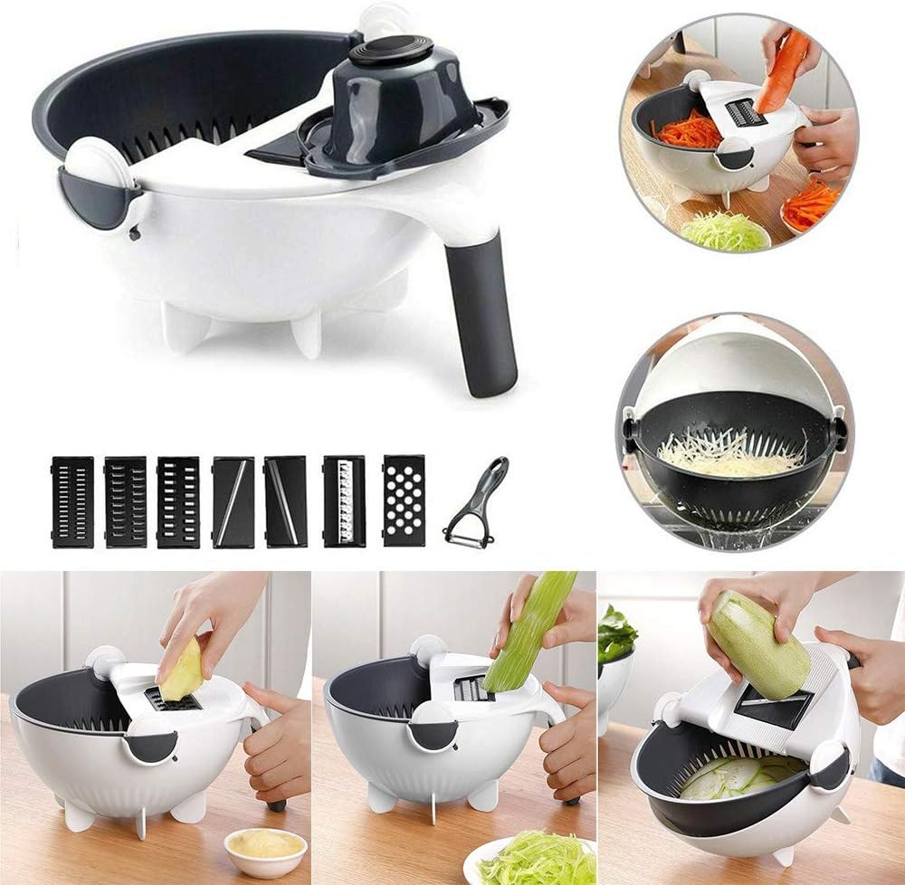 Rotate the Vegetable Cutter with Drain Basket 9 in 1 Slicer, Multi-functional Magic Kitchen Veggie Fruit Shredder Grater Slicer