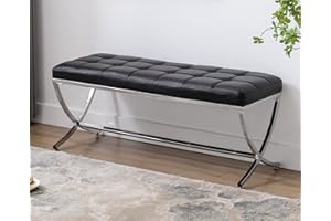 CIMOTA Modern Leather Entryway Bench Upholstered Button-Tufted Dining Bench with Metal Base Stylish PU Ottoman Bench for Entry Way/Living Room/Bedroom/Dining Room,Black