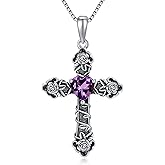 QKABTI Amethyst Cross Necklace for Women Sterling Silver, Rose and Cross Pendant Necklace Christian Jewelry Gift for Christmas, Baptism, Confirmation