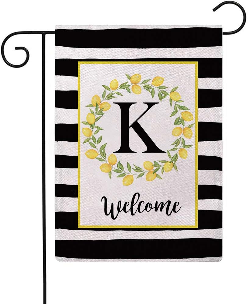 ULOVE LOVE YOURSELF Welcome Farmhouse Decorative Garden Flags with Letter K/Lemons Wreath Double Sided House Yard Patio Outdoor Garden Flags Small Garden Flag 12.5×18 Inch (K)