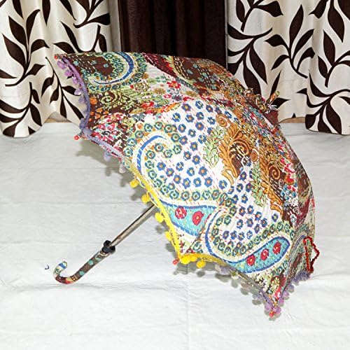 Indian Handmade Cotton Sun Umbrella Vintage Summer Parasol Paisley Design kantha stitched