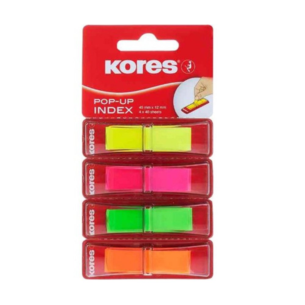 Kores - Sticky Tabs - Film Index Tabs in Dispenser - Revision Supplies, Bible Tabs, Page Markers Tabs, Book Markers, Back to School Accessories - 4 x 40 Coloured Strips