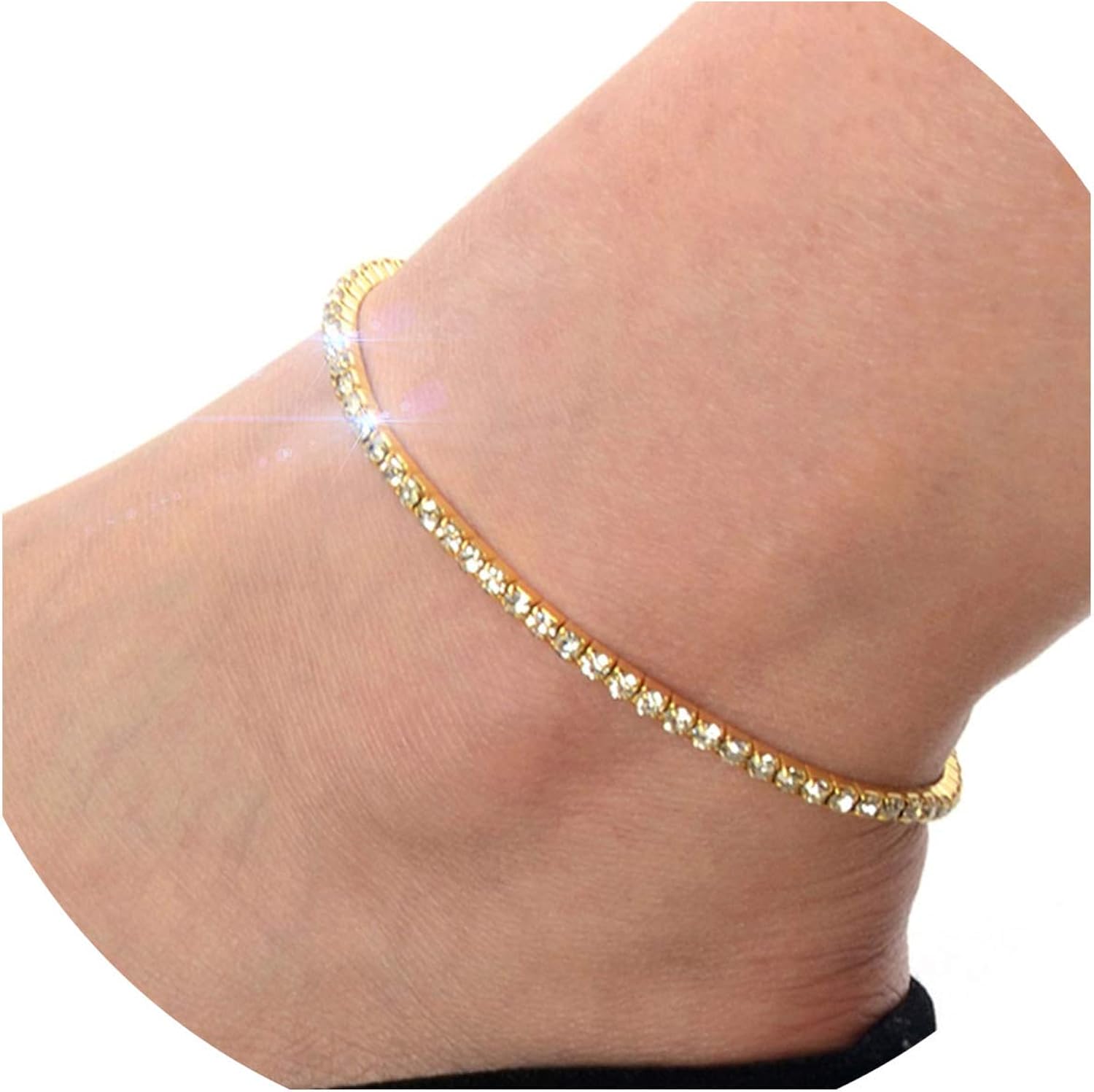 Blingboxstore One Row Shiny Crystal Tennis Stretch Anklet