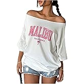 Milumia Women's Graphic Off The Shoulder Loose T Shirt Short Sleeve Drop Shoulder Oversized Tee Tops
