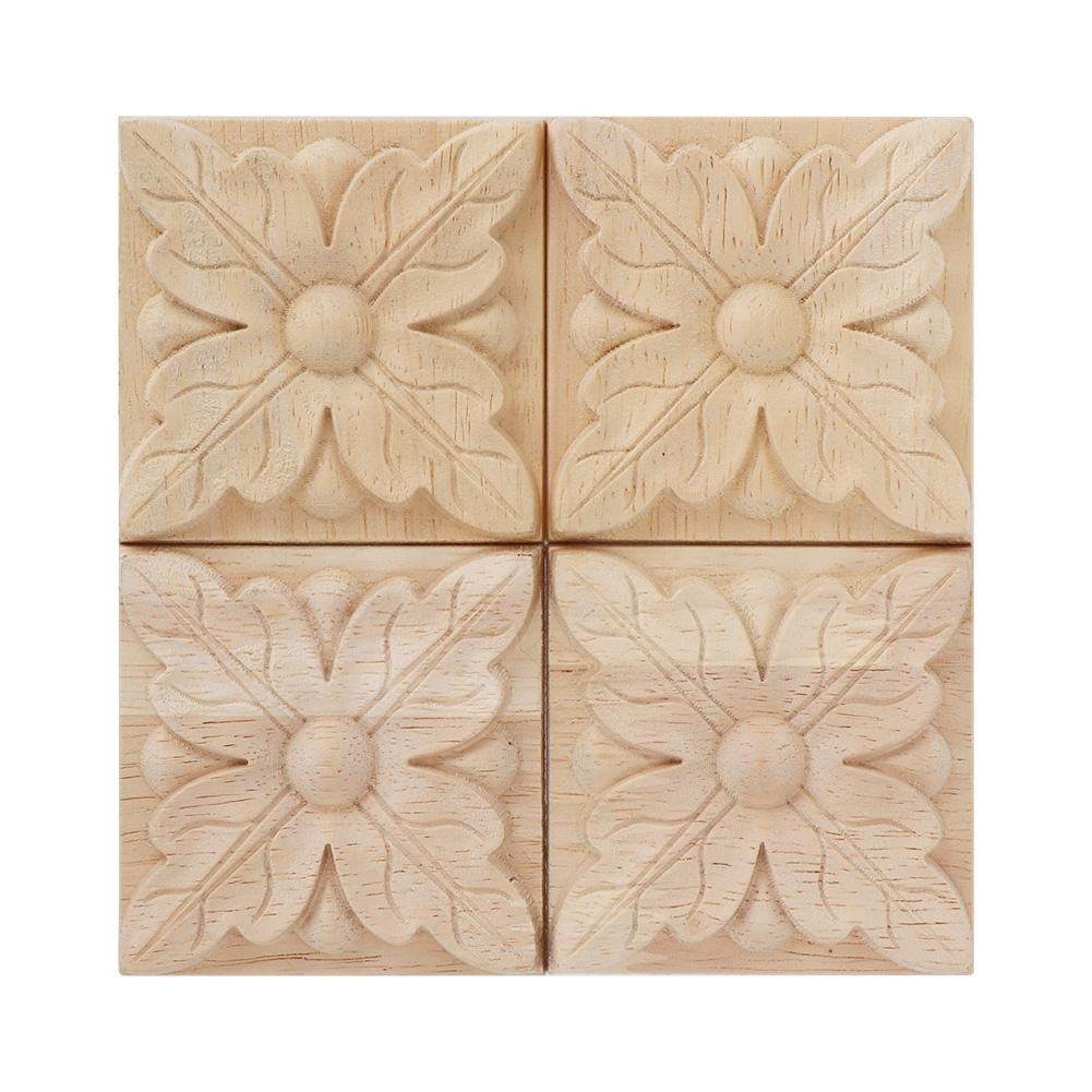 4Pcs 6x6cm Carving Checkered Applique Unpainted Decal for Furniture Decoration Natural Wood Appliques Square Flower Carving Decals Decorative Wooden Craft (1#)