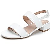 Enelauge Women's Open Toe Ankle Strap Low Block Chunky Heels Sandals Holiday Party Wedding Dress Shoes White 40-9US