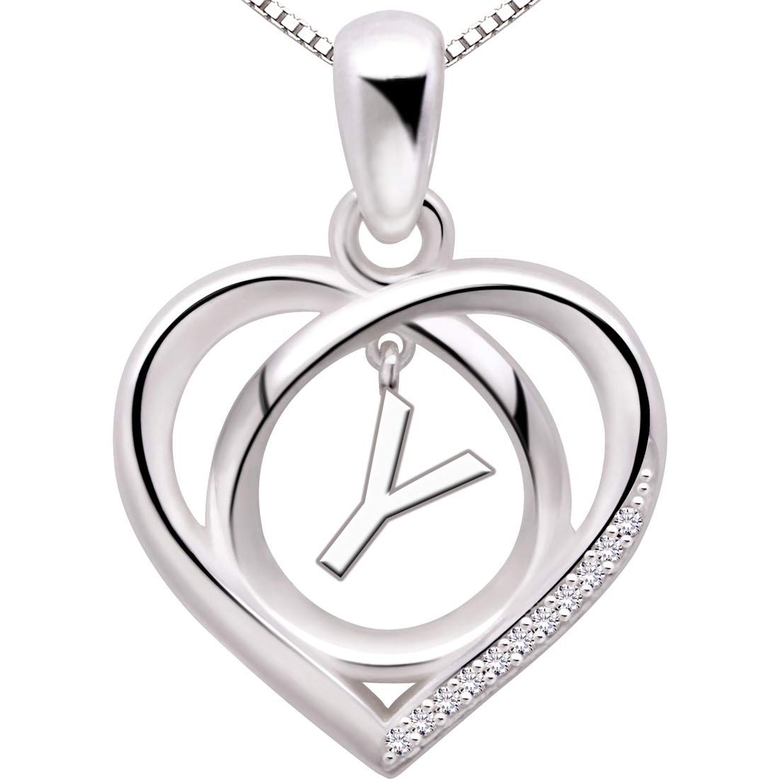 ALOV Jewelry Sterling Silver Initial Letter Alphabet Love Heart Cubic Zirconia Pendant Necklace (Y)