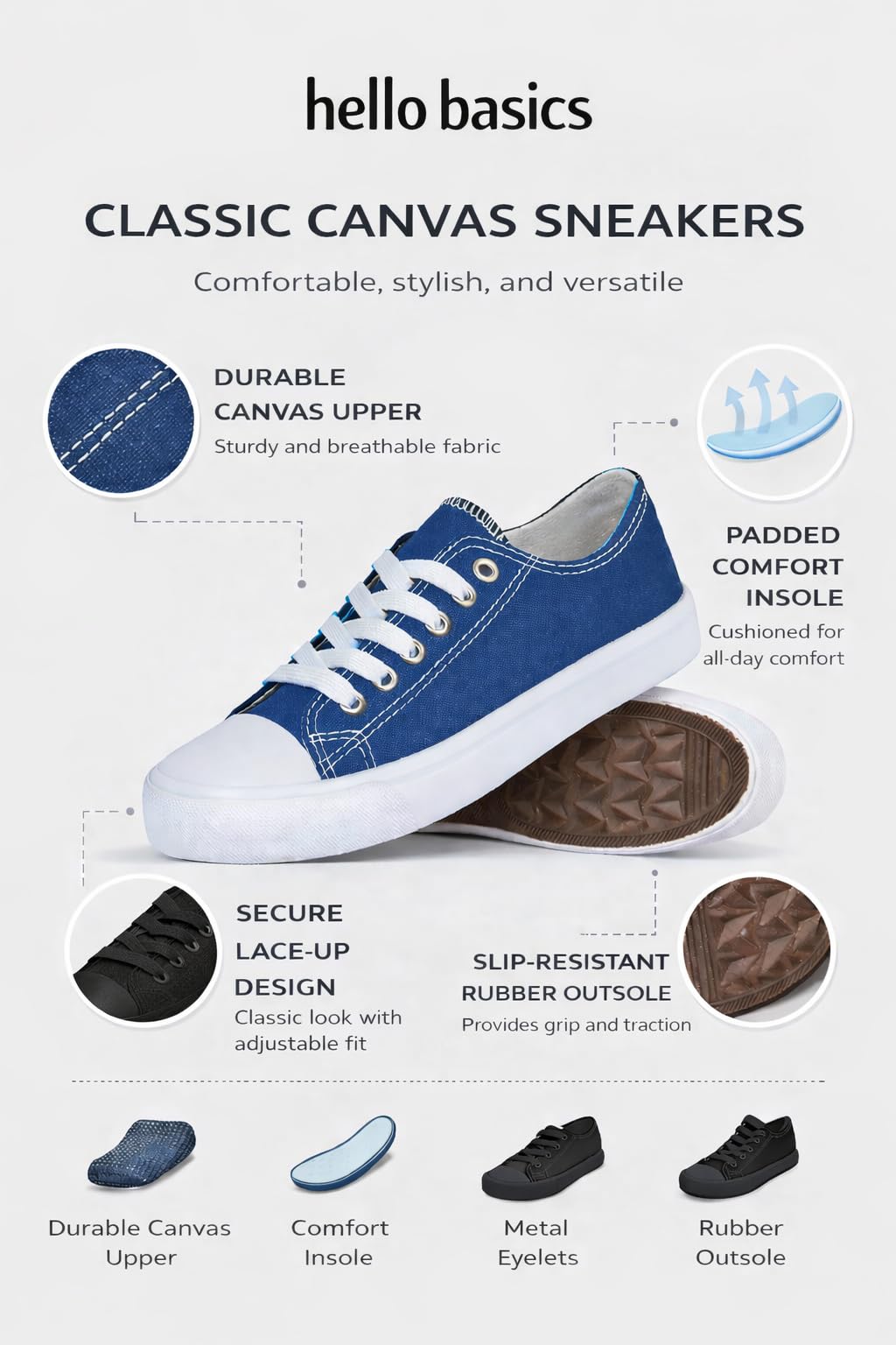 hello basics Canvas Shoes for Women Casual Low Top Blue Sneakers Fashion Womens Tennis Shoes, Cobalt, Size 9