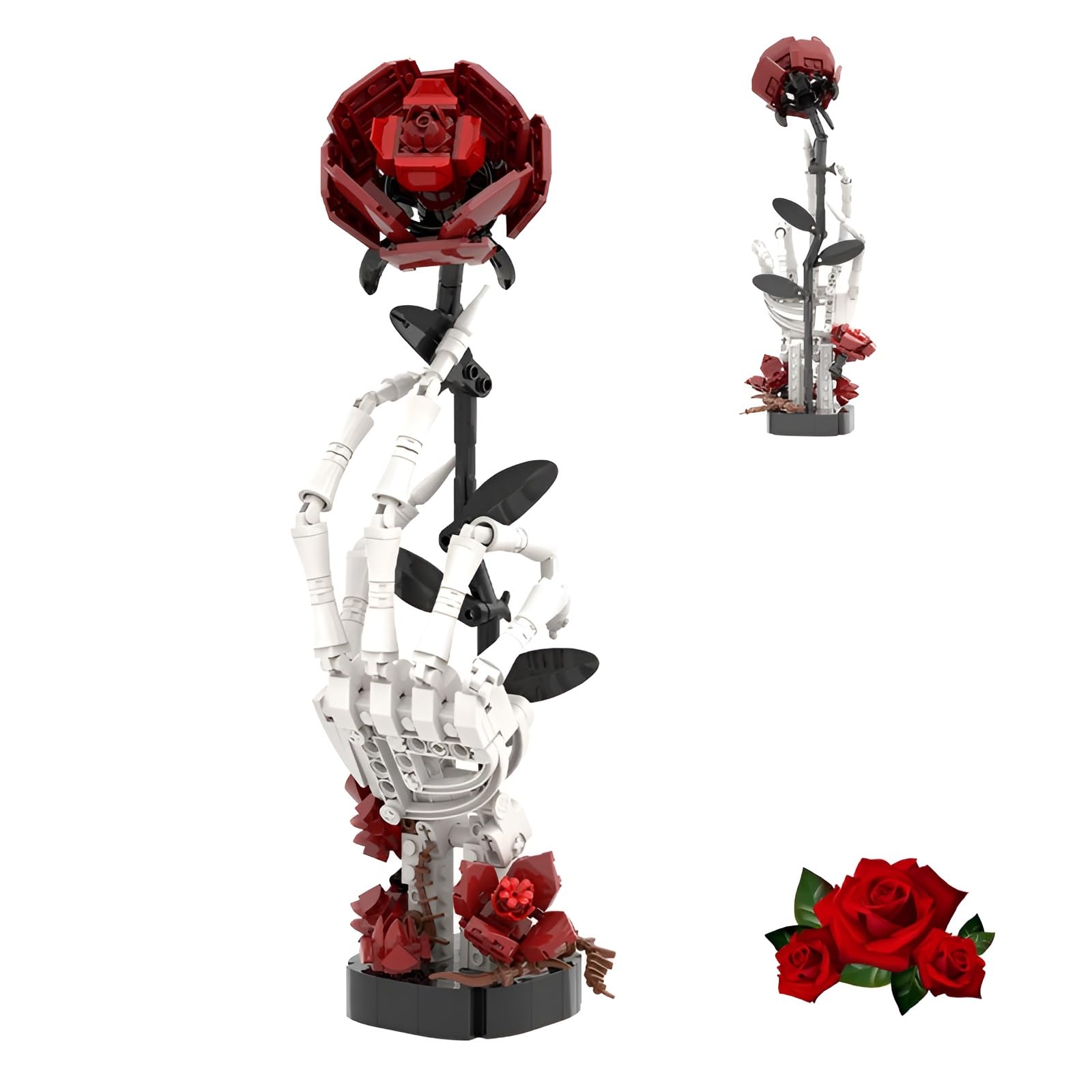 Skeleton Hand Holding Red Rose Building Blocks Kit, MOC Skull Creative Artificial Flower Bricks Set, Dark Gothic Model Toy for Decor, Adults Collectible Desk&Unique Gifts for Gothic Enthusiasts-357PCS