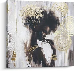 Pi Art African American Wall Art, Gold and Black Woman Girl Canvas Print Wall Painting for Bedroom and Living Room (24x24 inch, A Framed)