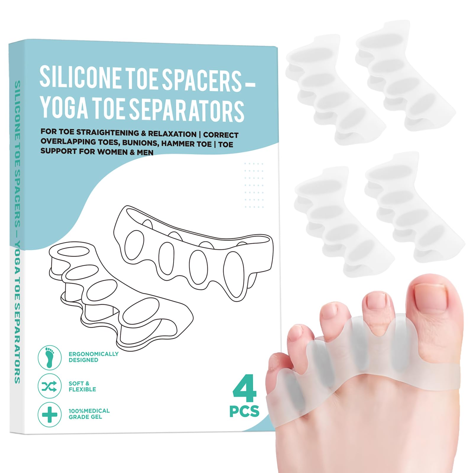 Photo 1 of 4 Pcs Silicone Toe Spacers – Yoga Toe Separators for Toe Straightening & Relaxation | Correct Overlapping Toes, Bunions, Hammer Toe | Toe Support toe separators for Women & Men (Clear, 3.98)