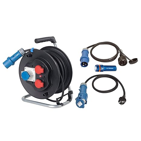 as - Schwabe Camping Set - 25 m Kabeltrommel + 2 x Adapter-Leitung 230 V CEE, Schutzkontakt Stecker und Buchse + Taschenlampe