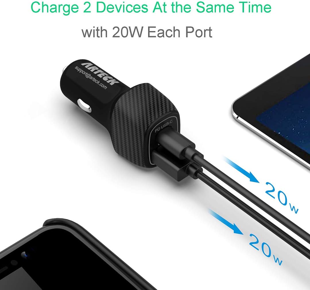 Car Charger, Arteck 40W/8A PD USB-C Type C/Quick Charge 3.0 USB Port Adapter with 2 USB Port - Image 4