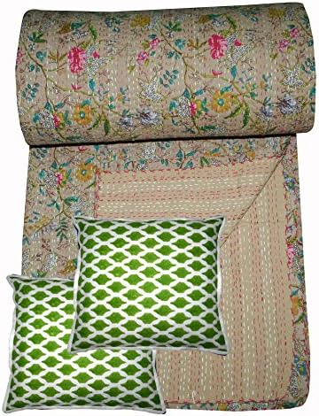 thehandicraftworld Rajasthani Hand Block Print, Floral Printed Quilt Pure Cotton Decorative, Reversible Kantha Stitch Quilt, Throw, Bed Spread. (King Size) free with 2 cushion cover cotton (16x16")