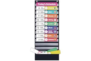 Eamay Daily Schedule Pocket Charts, Teaching Chart, Hoom, Eamay Daily Scheduling Pocket Chart with 13+1 Pockets, 18pcs Dry Erase Cards and 2 Hooks (Black-2)