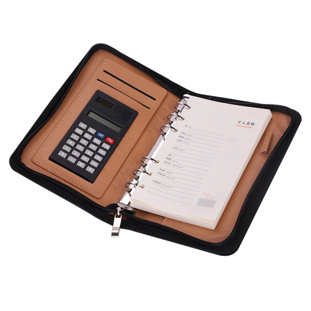 A6 Leather Notebook Notepad with Calculator Refillable Binder Notebook Zipped Personal Organiser Conference Folder Portfolio Executive Notebook with Documents Cards Pockets Pen Slots