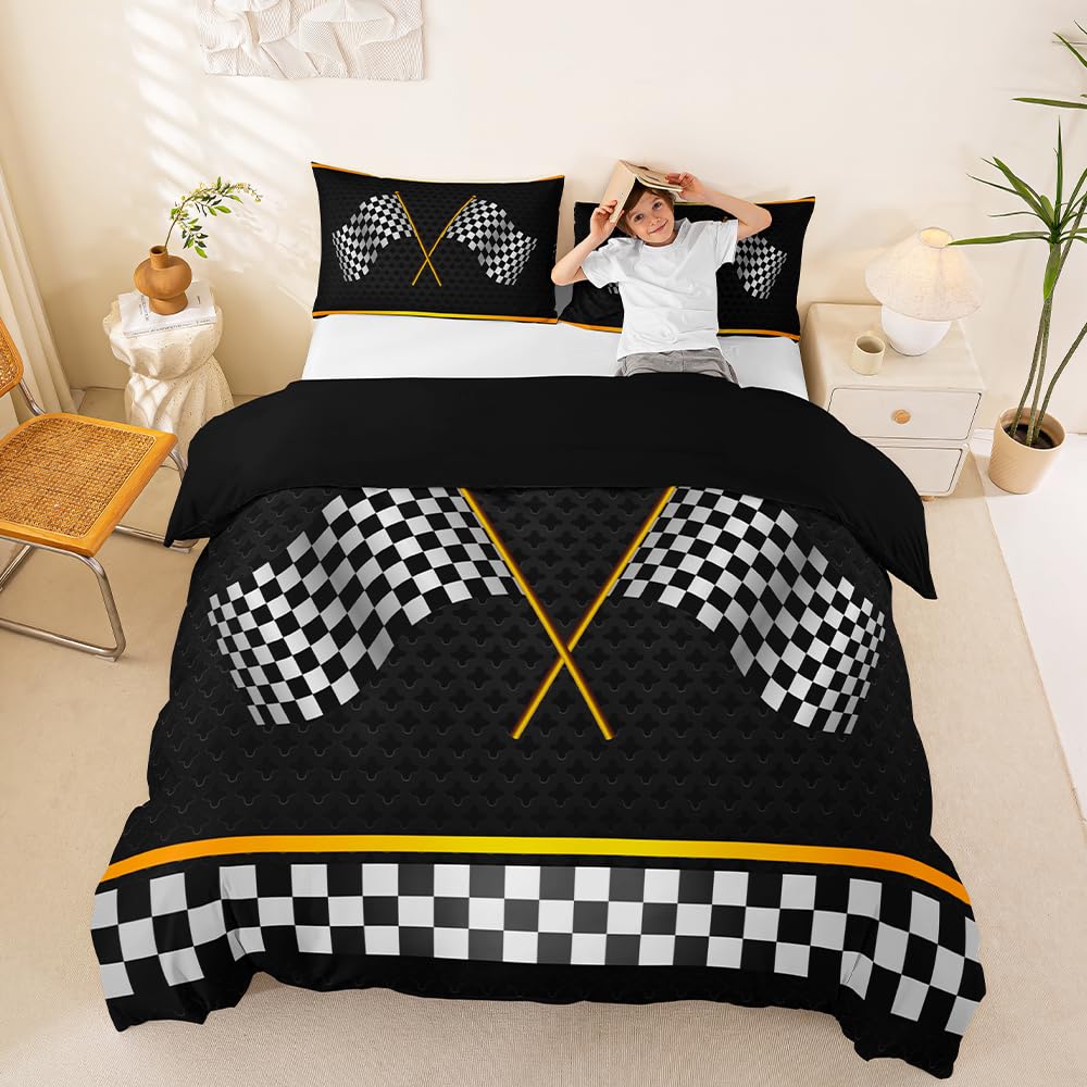 Black White Checkered Flag Duvet Cover Racing Competition Bedding Set Extreme Sports Yellow Comforter Cover(No Filler) for Boys Girls Kids Room Decor Bedding Set Single Size with 1 Pillowcase
