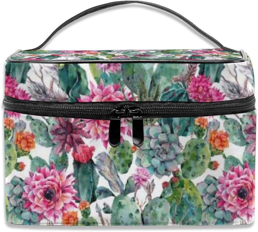 Portable Travel Makeup Cosmetic Bags Boho Style Cactus Succulent Flowers Professional Toiletry Bag Organizer, Accessories Case, Tools Case