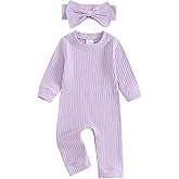 Covvoliy Newborn Baby Girl Fall Outfits Long Sleeve Ribbed Romper Jumpsuit with Headband Set Infant Girl Clothes
