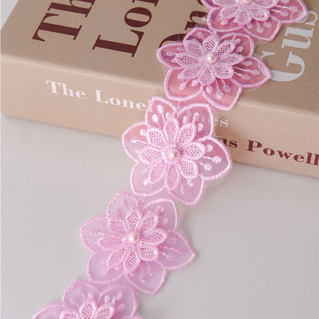 xingmo 2 Meters Vintage Pearl Lace Edge Trim Ribbon Edging Trimmings Fabric Sew On Floral Embroidered Applique Patch (Light Pink)