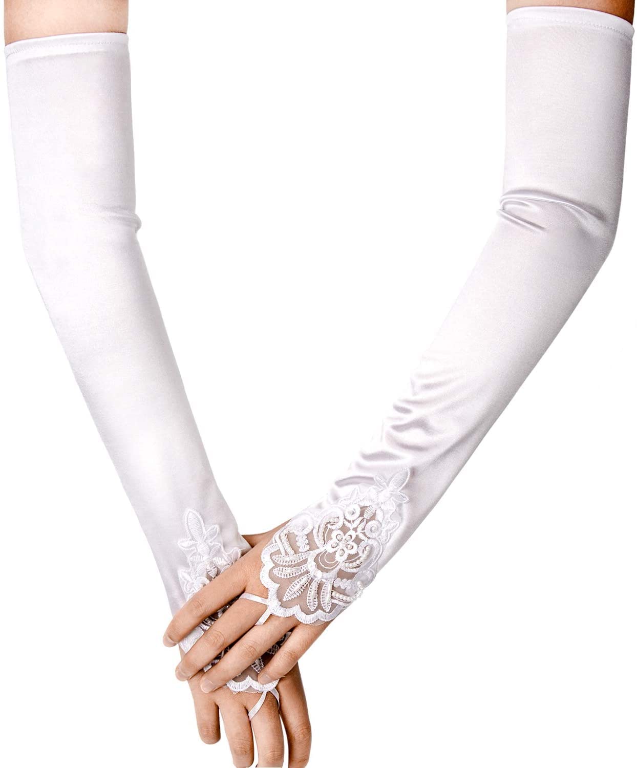 SAVITA Fingerless Long White Elbow Length Satin Gloves - Stretchy Opera Evening Party 1920s Gloves for Women