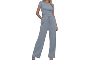 CNLINKCO Women's 2 Piece Lounge Sets Ruched Short Sleeve Crop Top High Waisted Wide Pants Tracksuit Sets Airport Loungewear XS-2XL