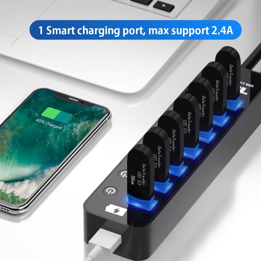 USB Hub 3.0, Tendak 7-Port USB Hub (7 USB 3.0 Data Ports + 1 USB Smart Charging Port) with 5V/4A Power Adapter Individual On/Off Switches for Mac Laptop HDD Disk: Computers & Accessories
