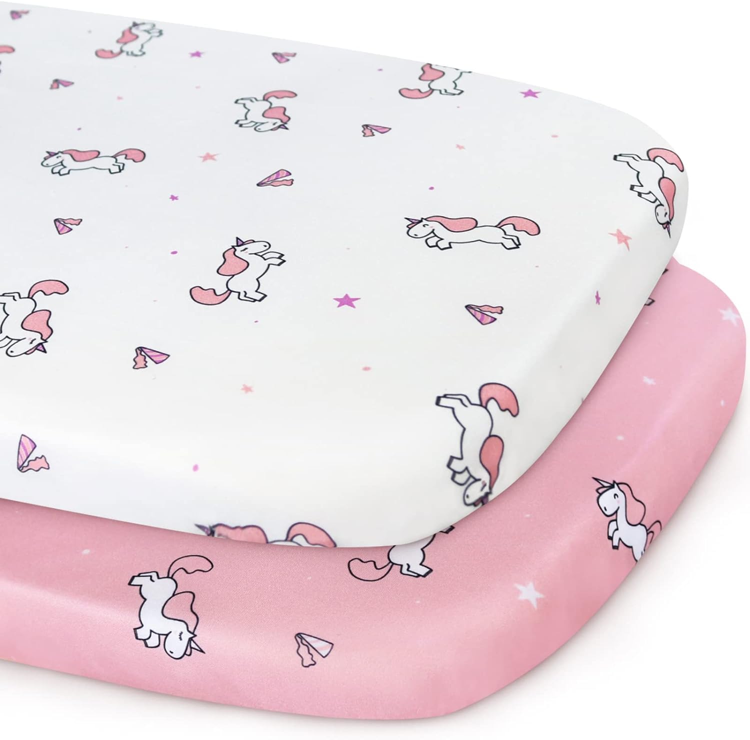 SPRINGSPIRIT Moses Basket Sheets Fitted, 2 Pack Ultra Soft & Breathable Baby Crib Sheets, Universal Fit for Rectangle, Oval, Hourglass Bassinet Mattress, Pink Unicorns