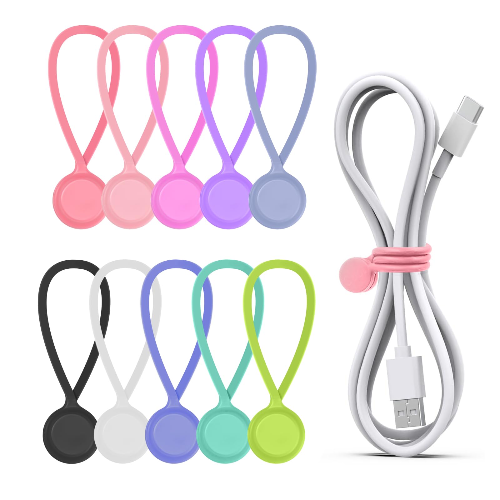 10 Pcs Magnetic Cable Ties,Silicone Cable Clips,Multi Coloured Reusable Cable Organisers Silicone,Clips Cable Straps Cord Organiser for Organizing and Bundling Wires, Cords, Charger, Earphone