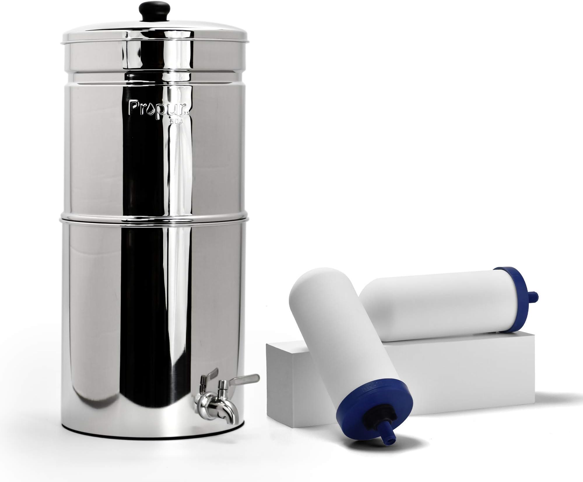 ProPur ORIGINAL Big Stainless Steel Water Purification + 2 New ProOne G 2.0 7" Filter Elements Chemical and Fluoride Removal