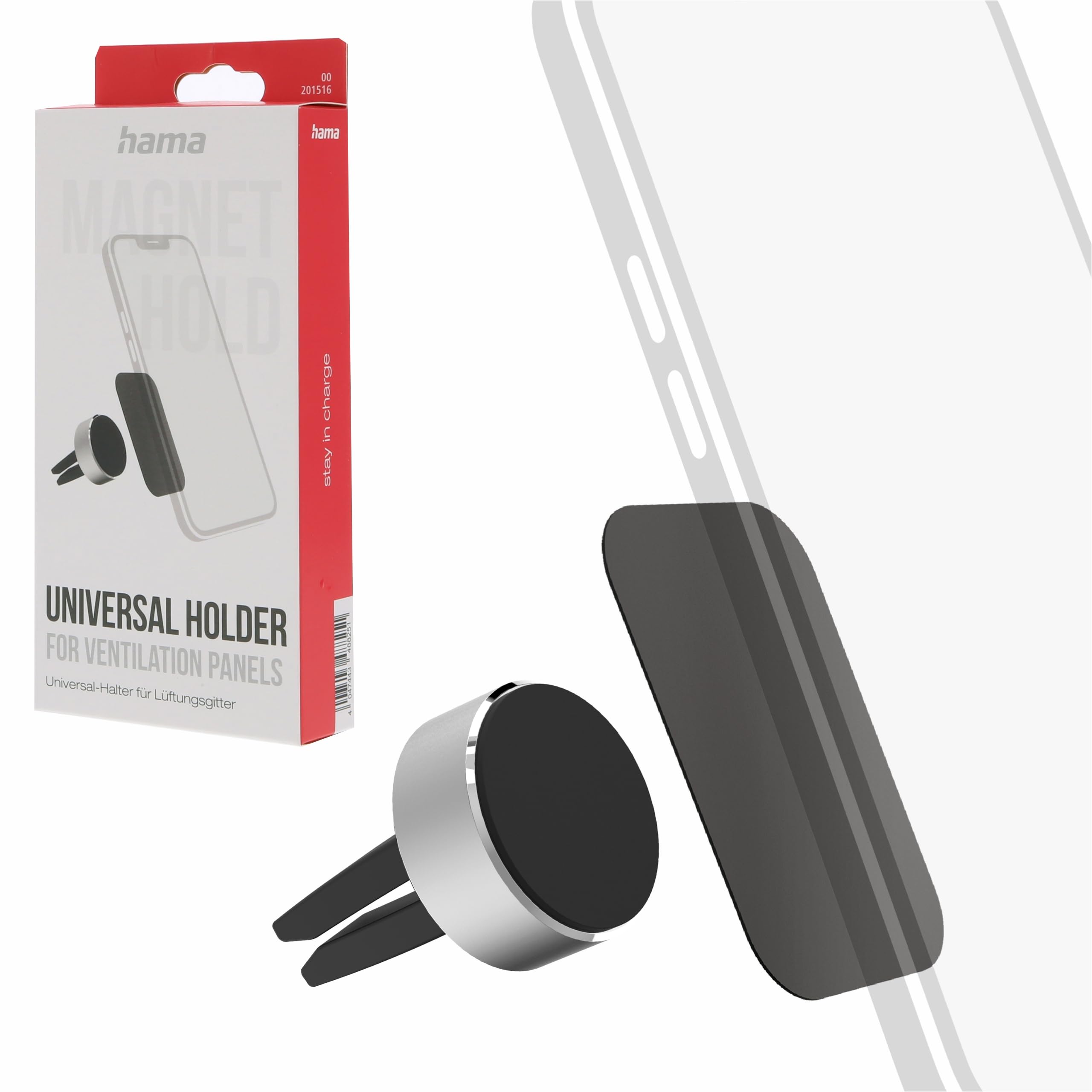 Hama Universal Aluminium Car Phone Holder with Magnetic Car Phone Holder, Air Vent Mount, 360° Swivel, Includes 2 Metal Plates, Black/Grey